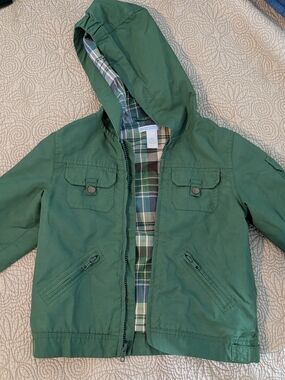 Janie and Jack Green Hooded Raincoat with Plaid Lining